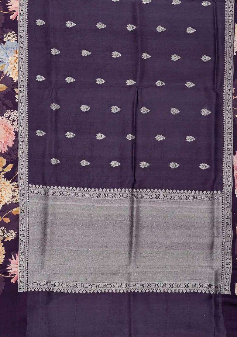 Purple Handloom Tussar Silk Saree With Printed Floral Border For Women - Indya