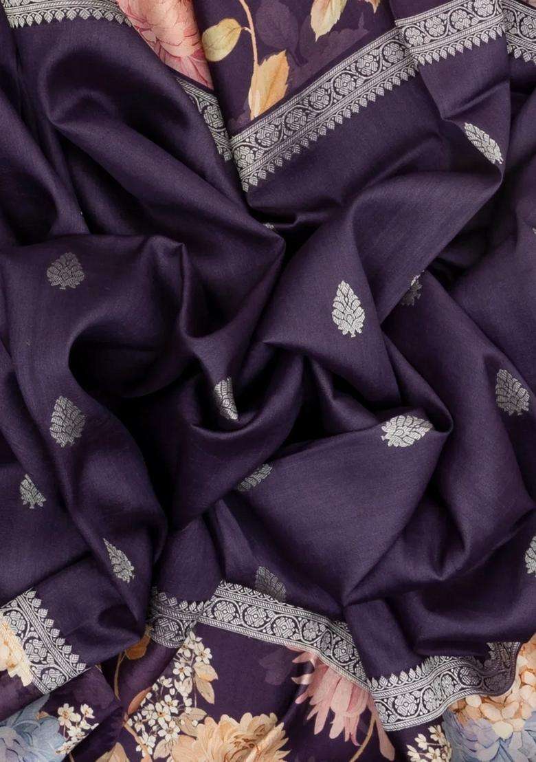 Purple Handloom Tussar Silk Saree With Printed Floral Border For Women - Indya