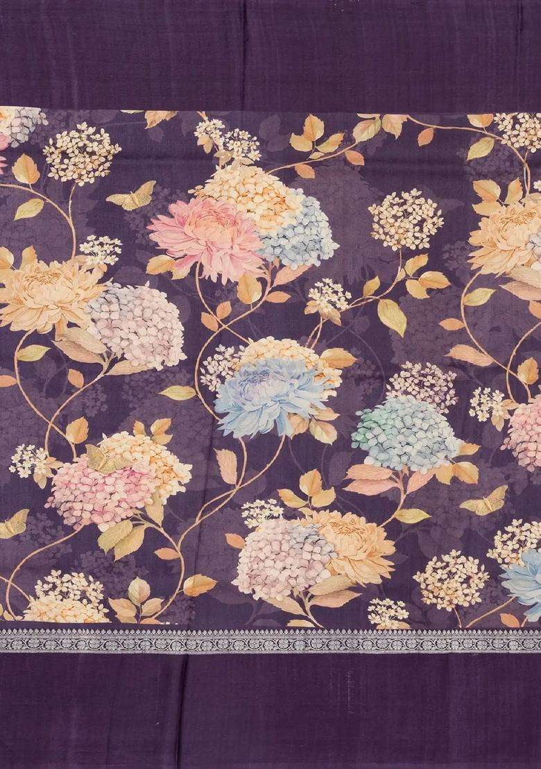 Purple Handloom Tussar Silk Saree With Printed Floral Border For Women - Indya