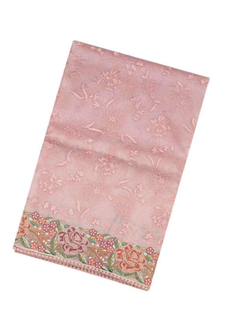 Baby Pink Woven Organza Saree With Embroidered Floral Vine Motifs For Women - Indya