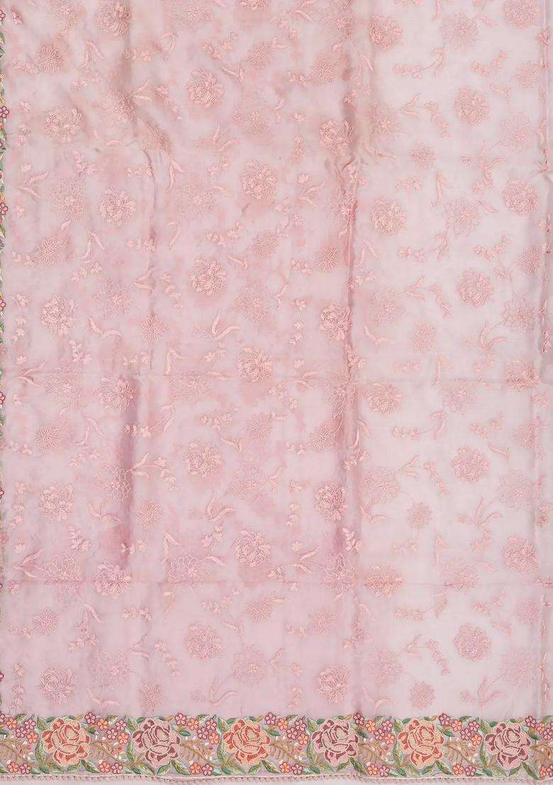Baby Pink Woven Organza Saree With Embroidered Floral Vine Motifs For Women - Indya