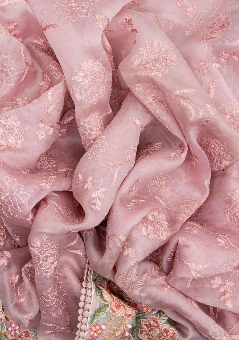 Baby Pink Woven Organza Saree With Embroidered Floral Vine Motifs For Women - Indya