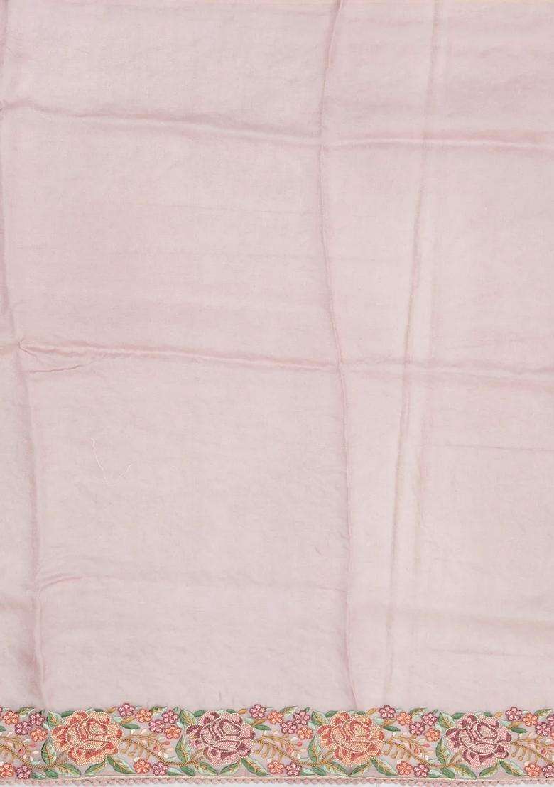 Baby Pink Woven Organza Saree With Embroidered Floral Vine Motifs For Women - Indya