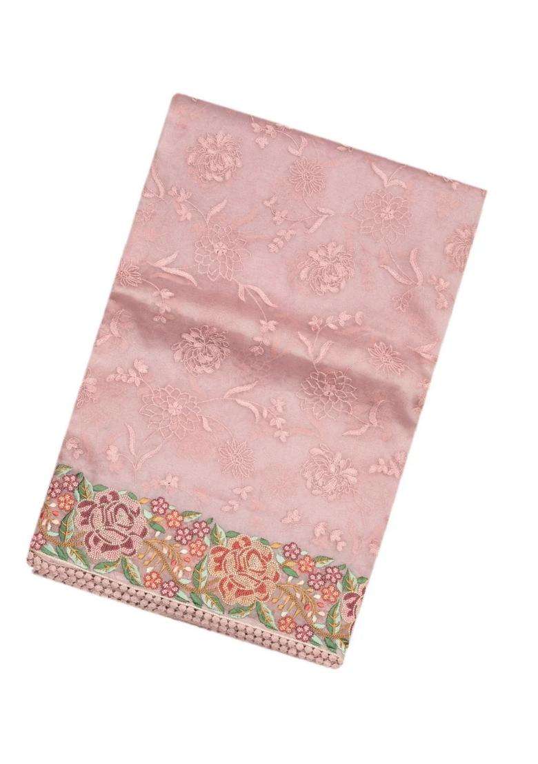 Baby Pink Woven Organza Saree With Embroidered Vine Motifs For Women - Indya