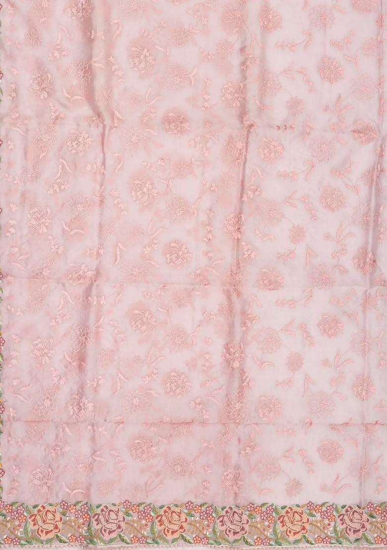 Baby Pink Woven Organza Saree With Embroidered Vine Motifs For Women - Indya