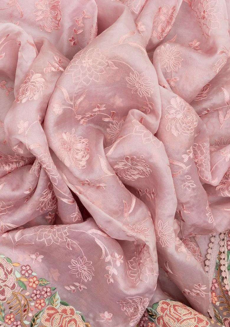 Baby Pink Woven Organza Saree With Embroidered Vine Motifs For Women - Indya