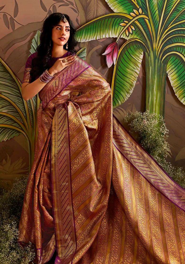 Violet Handloom Tissue Lino Silk Saree With Metallic Floral Motifs With Buttas And Brocade Design For Women - Indya