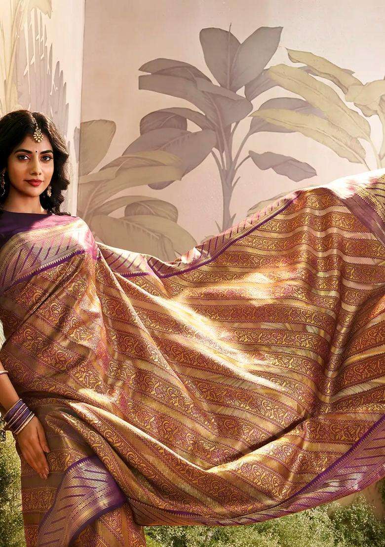 Violet Handloom Tissue Lino Silk Saree With Metallic Floral Motifs With Buttas And Brocade Design For Women - Indya