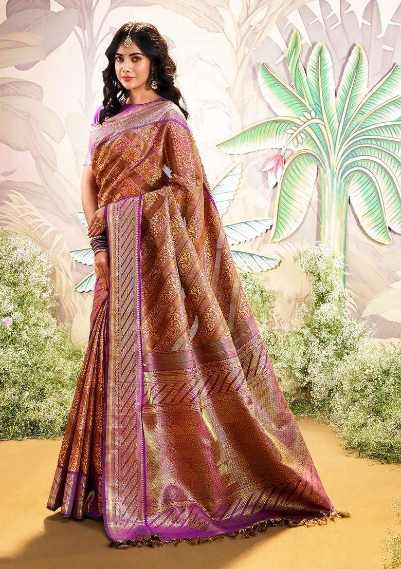 Violet Handloom Tissue Lino Silk Saree With Metallic Floral Motifs With Buttas And Brocade Design For Women - Indya