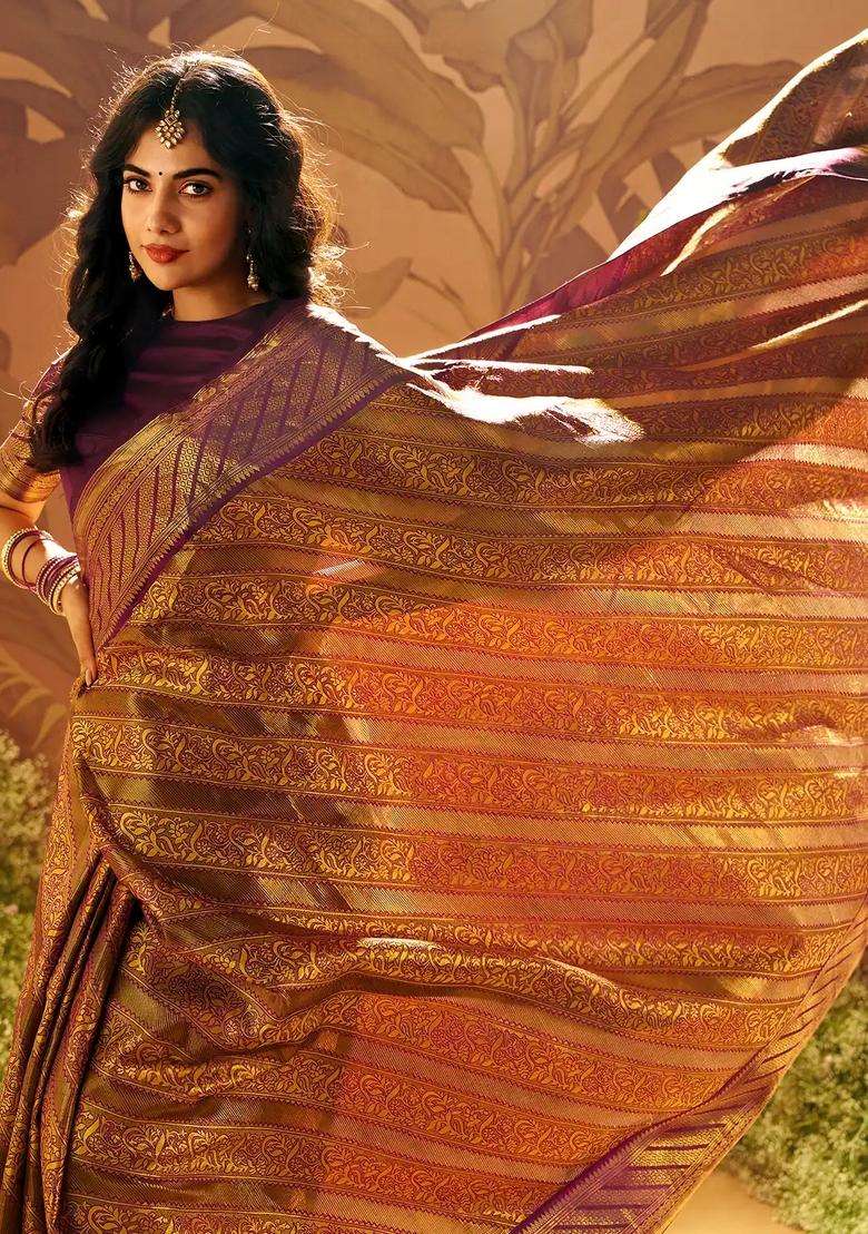 Violet Handloom Tissue Lino Silk Saree With Metallic Floral Motifs With Buttas And Brocade Design For Women - Indya