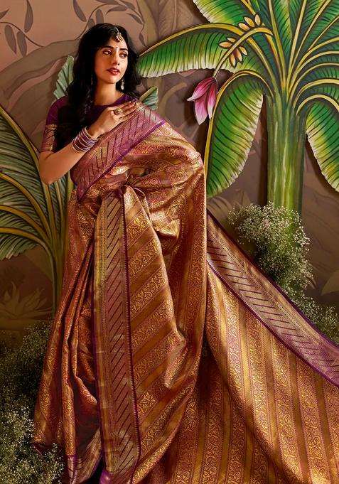 Violet Handloom Tissue Lino Silk Saree With Metallic Floral Motifs With Buttas And Brocade Design For Women