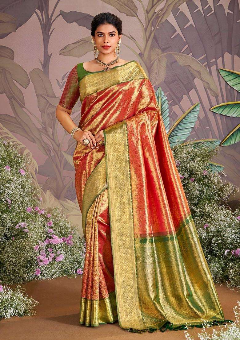 Red Handloom Tissue Silk Saree With Betel Vine Motifs With Buttas And Brocade Design For Women - Indya