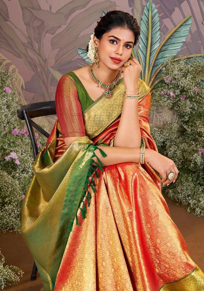 Red Handloom Tissue Silk Saree With Betel Vine Motifs With Buttas And Brocade Design For Women - Indya