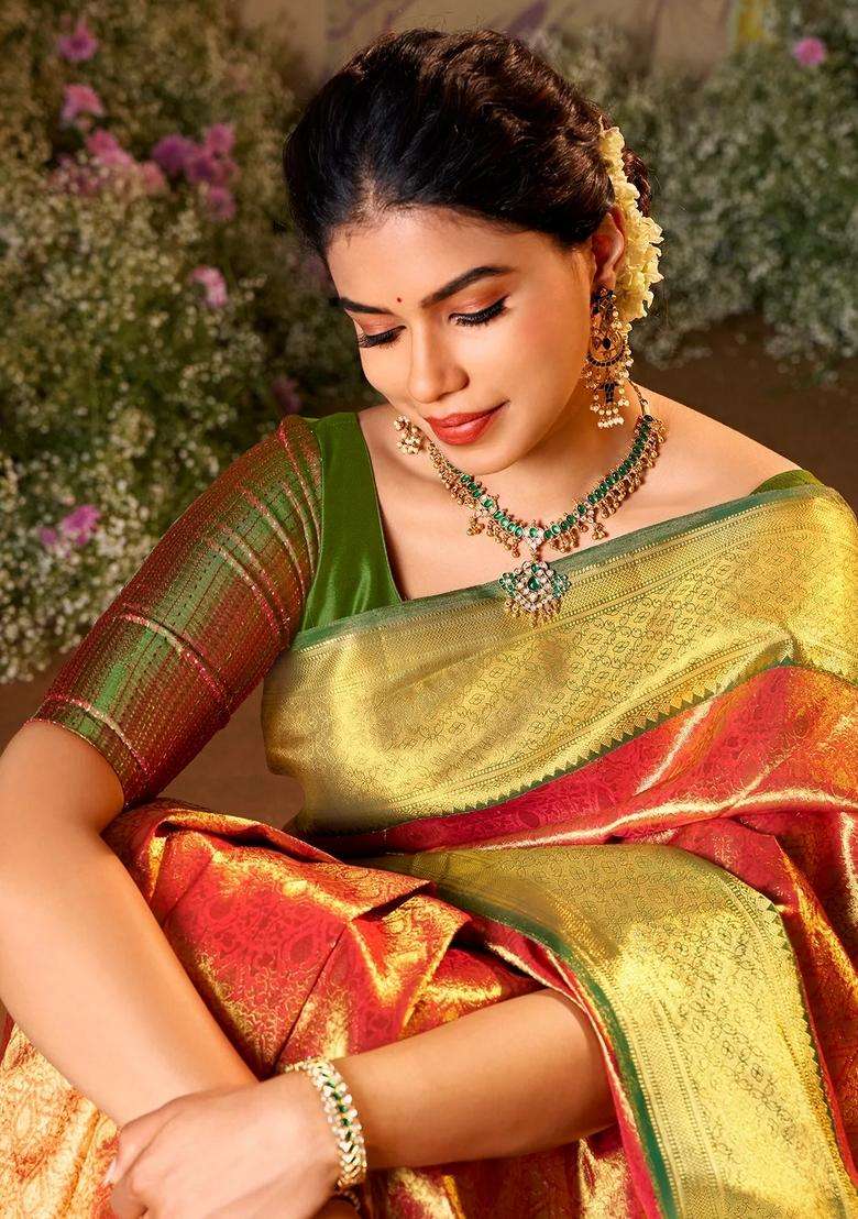 Red Handloom Tissue Silk Saree With Betel Vine Motifs With Buttas And Brocade Design For Women - Indya