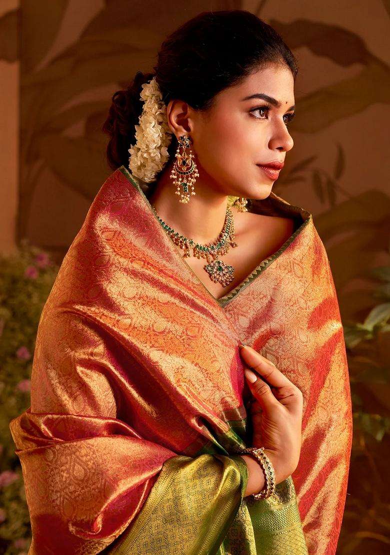 Red Handloom Tissue Silk Saree With Betel Vine Motifs With Buttas And Brocade Design For Women - Indya
