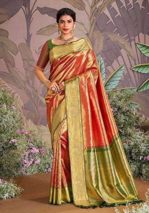 Red Handloom Tissue Silk Saree With Betel Vine Motifs With Buttas And Brocade Design For Women