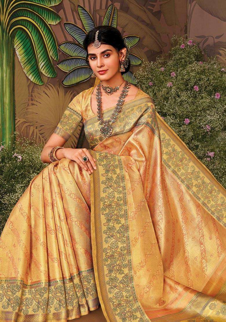 Gold Handloom Tissue Silk Saree With Floral Vine Motifs With Buttas And Brocade Design For Women - Indya
