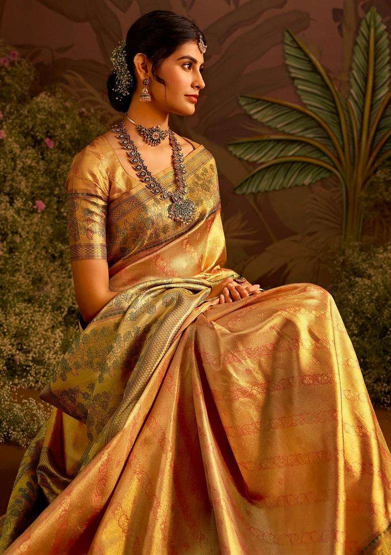 Gold Handloom Tissue Silk Saree With Floral Vine Motifs With Buttas And Brocade Design For Women - Indya