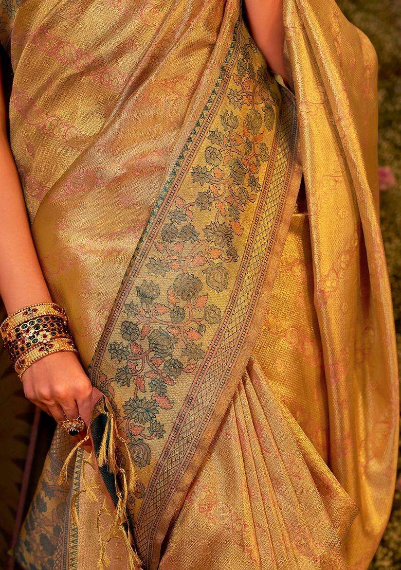 Gold Handloom Tissue Silk Saree With Floral Vine Motifs With Buttas And Brocade Design For Women - Indya