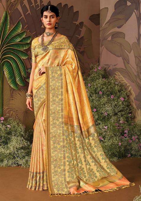 Gold Handloom Tissue Silk Saree With Floral Vine Motifs With Buttas And Brocade Design For Women