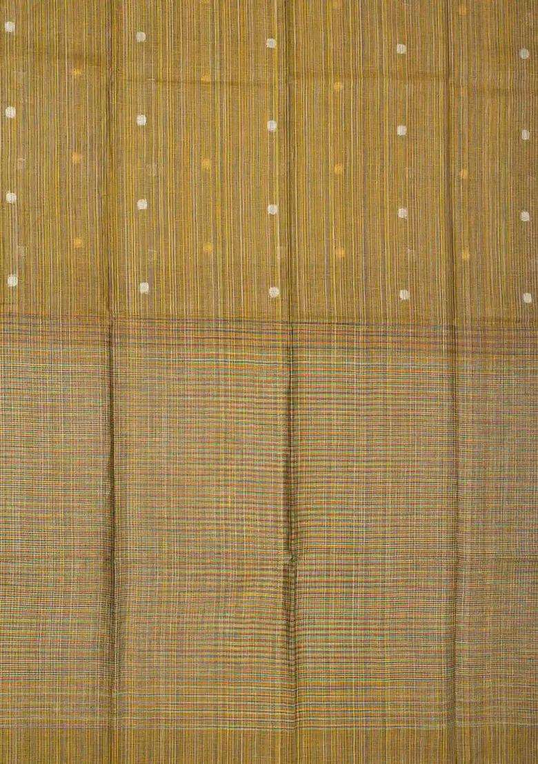 Mustard Woven Linen Saree With Multi Stripes Buttas With Buttas And Brocade Design For Women - Indya
