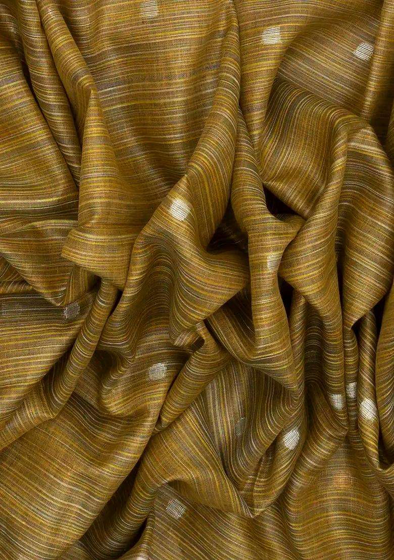 Mustard Woven Linen Saree With Multi Stripes Buttas With Buttas And Brocade Design For Women - Indya