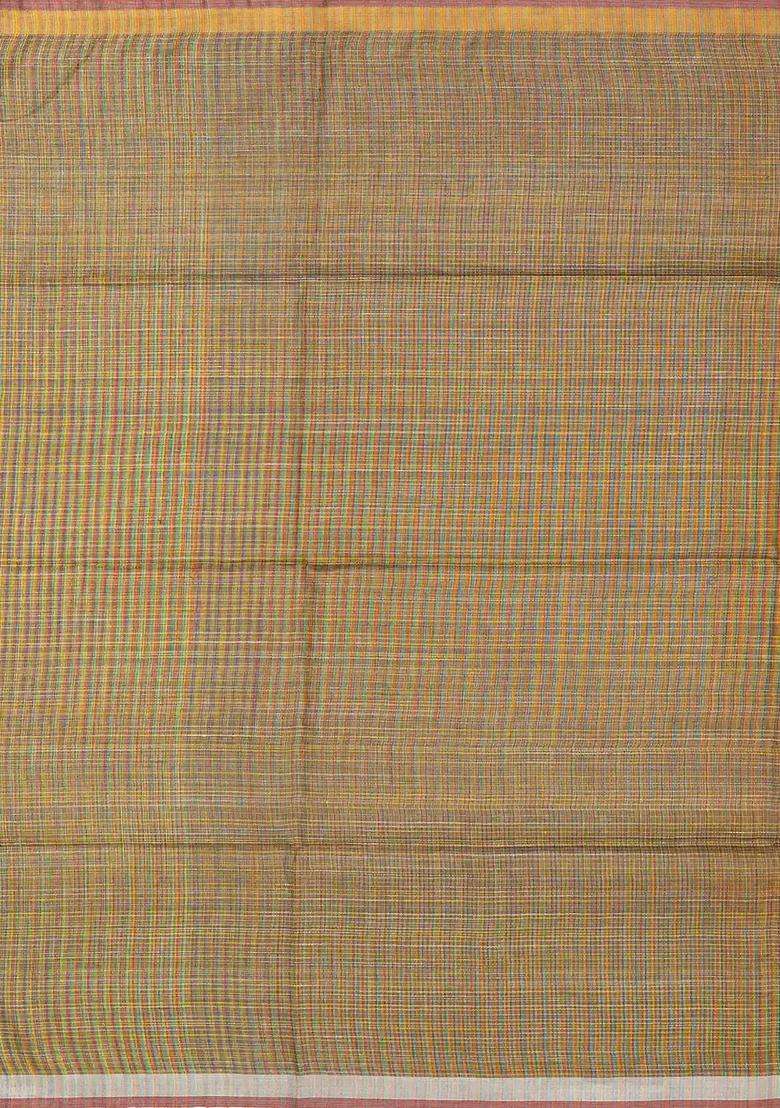 Mustard Woven Linen Saree With Multi Stripes Buttas With Buttas And Brocade Design For Women - Indya