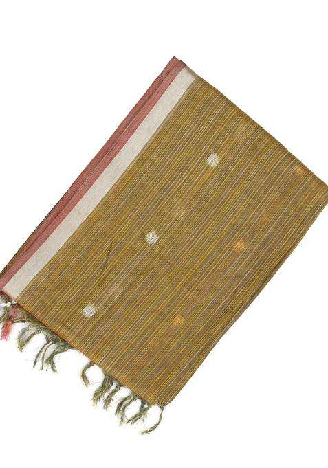 Mustard Woven Linen Saree With Multi Stripes Buttas With Buttas And Brocade Design For Women