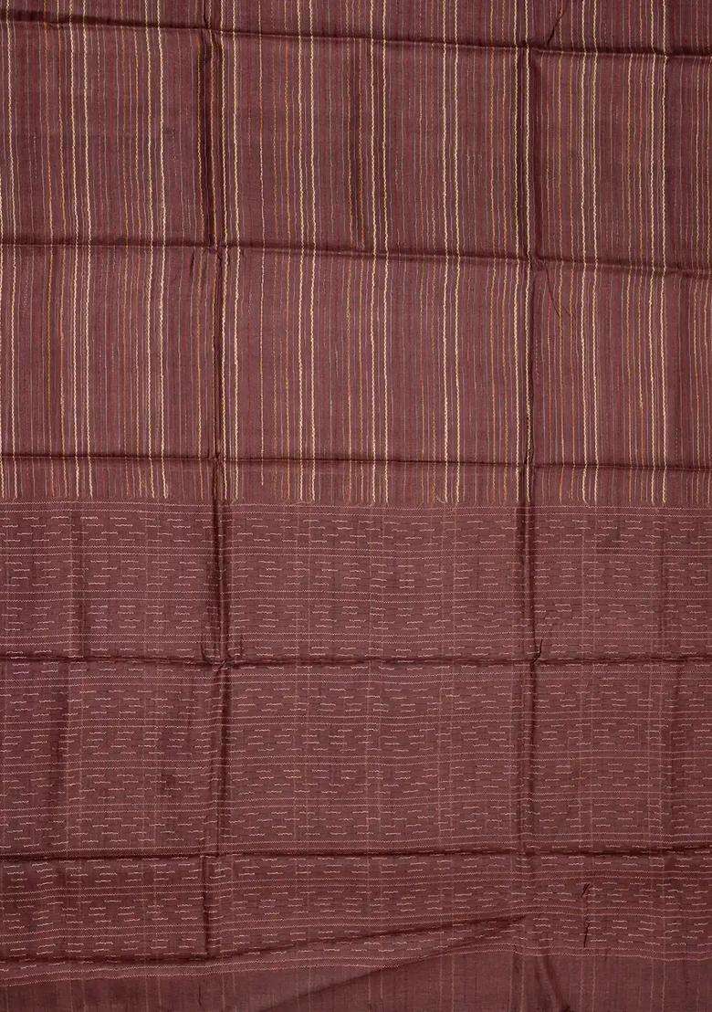 Dark Brown Woven Tussar Silk Saree With Stripes With Checks And Stripes Design For Women - Indya