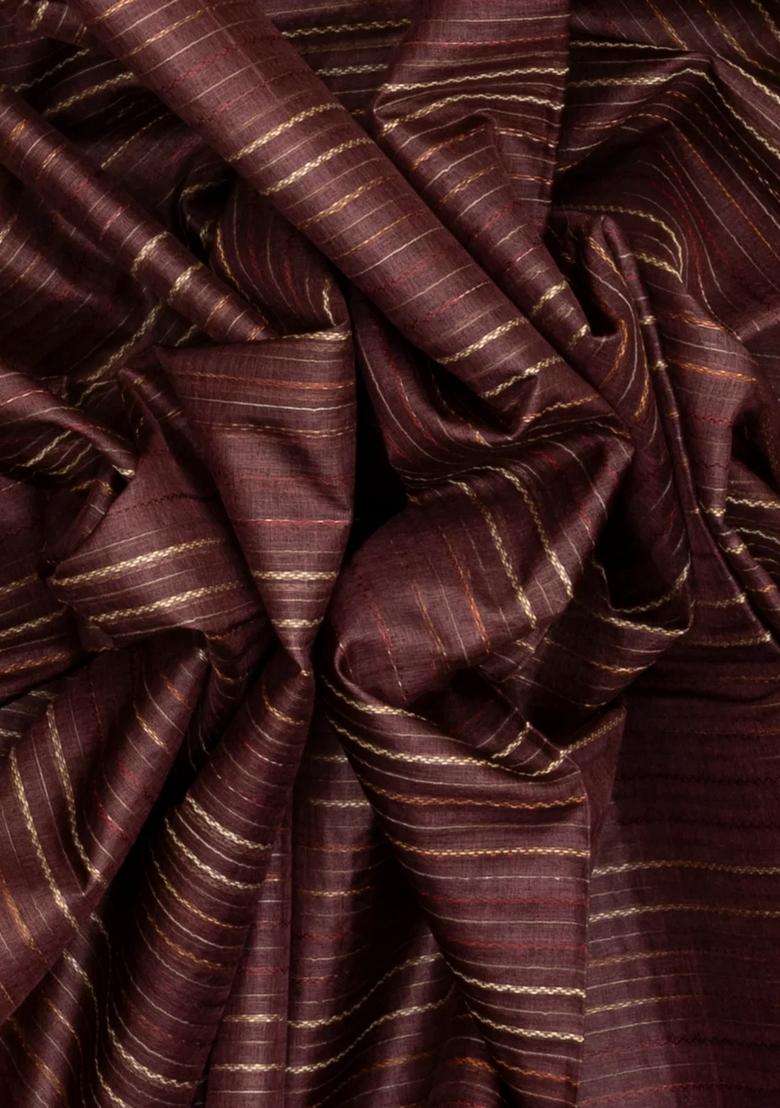 Dark Brown Woven Tussar Silk Saree With Stripes With Checks And Stripes Design For Women - Indya