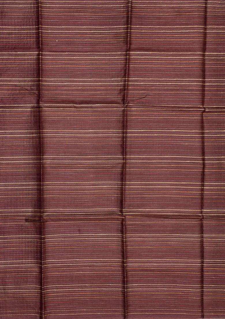 Dark Brown Woven Tussar Silk Saree With Stripes With Checks And Stripes Design For Women - Indya