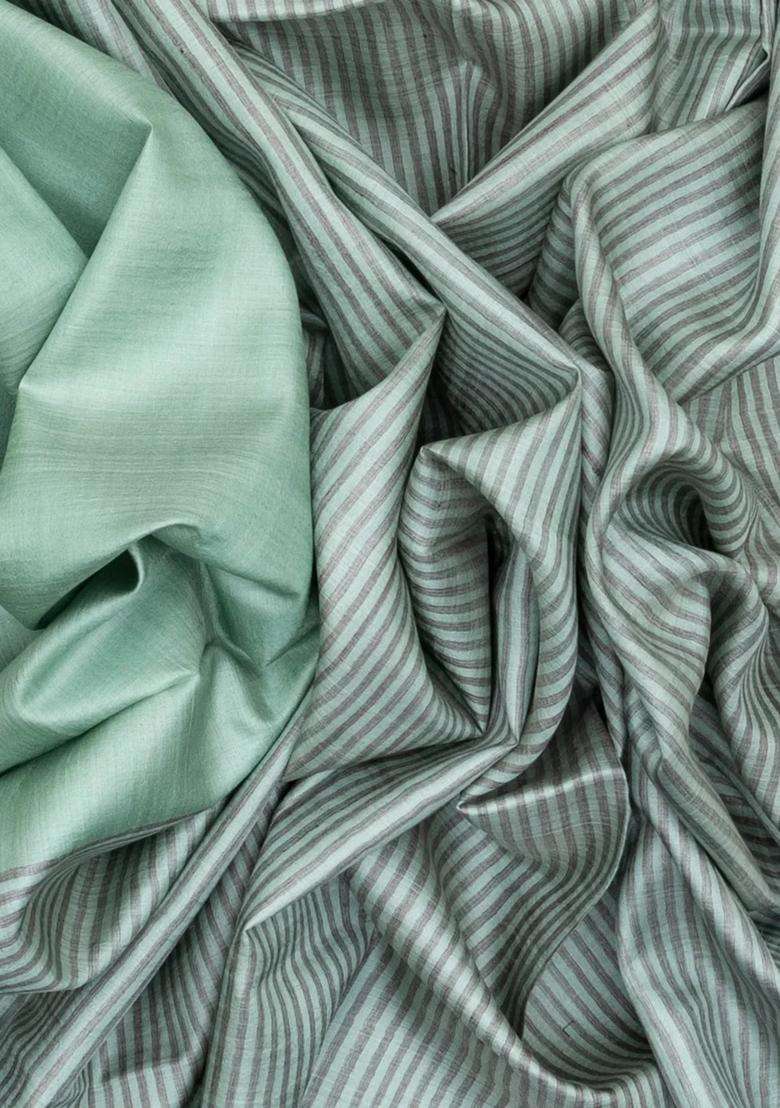 Aquamarine Woven Tussar Silk Saree With Stripes With Checks And Stripes Design For Women - Indya