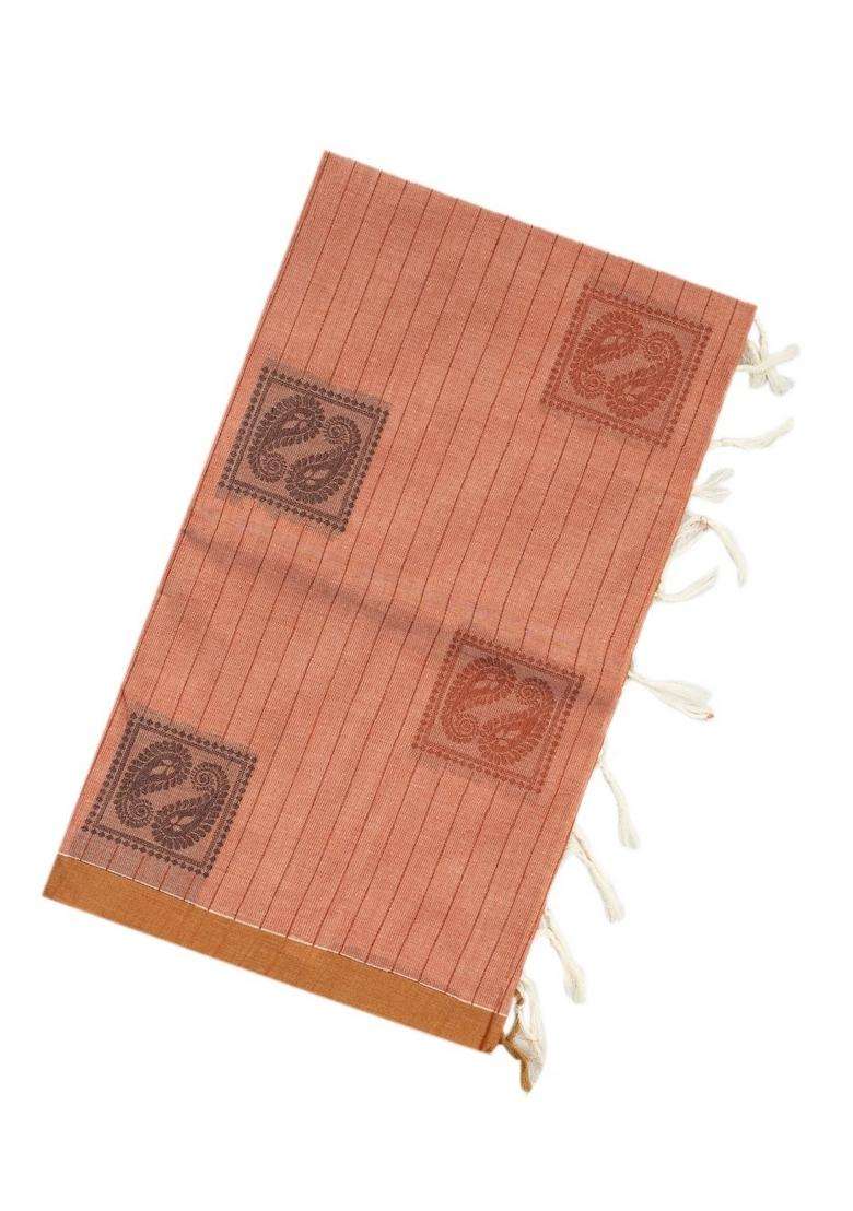 Light Peach Rasipuram Cotton Saree With Stripes Mango Motifs With Checks And Stripes Design For Women - Indya