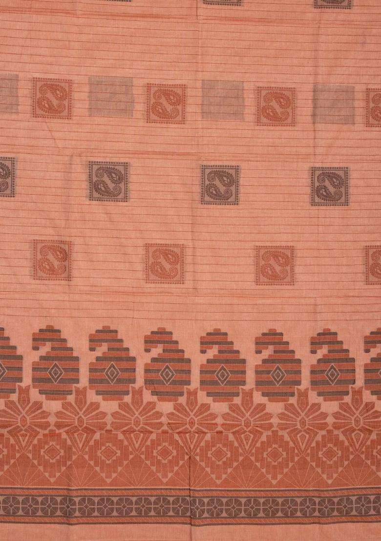 Light Peach Rasipuram Cotton Saree With Stripes Mango Motifs With Checks And Stripes Design For Women - Indya