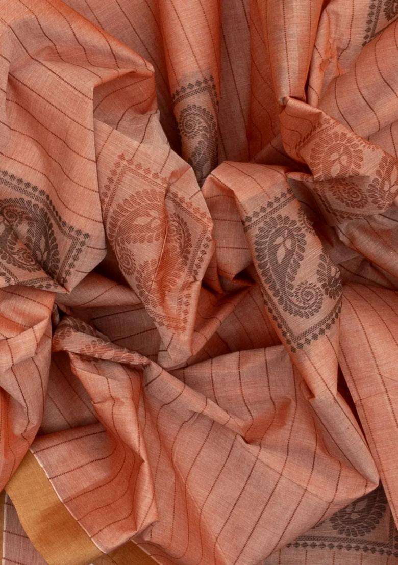 Light Peach Rasipuram Cotton Saree With Stripes Mango Motifs With Checks And Stripes Design For Women - Indya