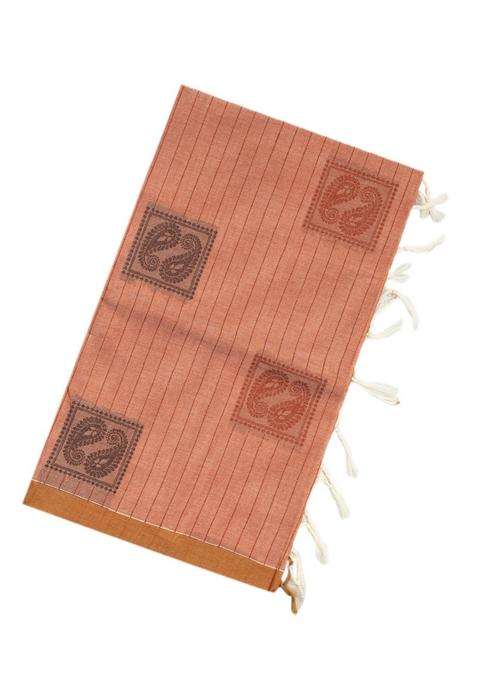 Light Peach Rasipuram Cotton Saree With Stripes Mango Motifs With Checks And Stripes Design For Women