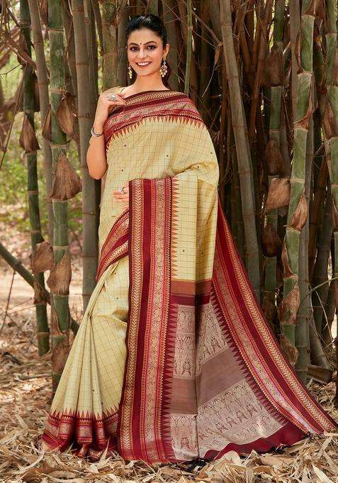 Off White Handloom Korvai Kanchipuram Silk Saree With Checks With Korvai And Temple Border Design For Women