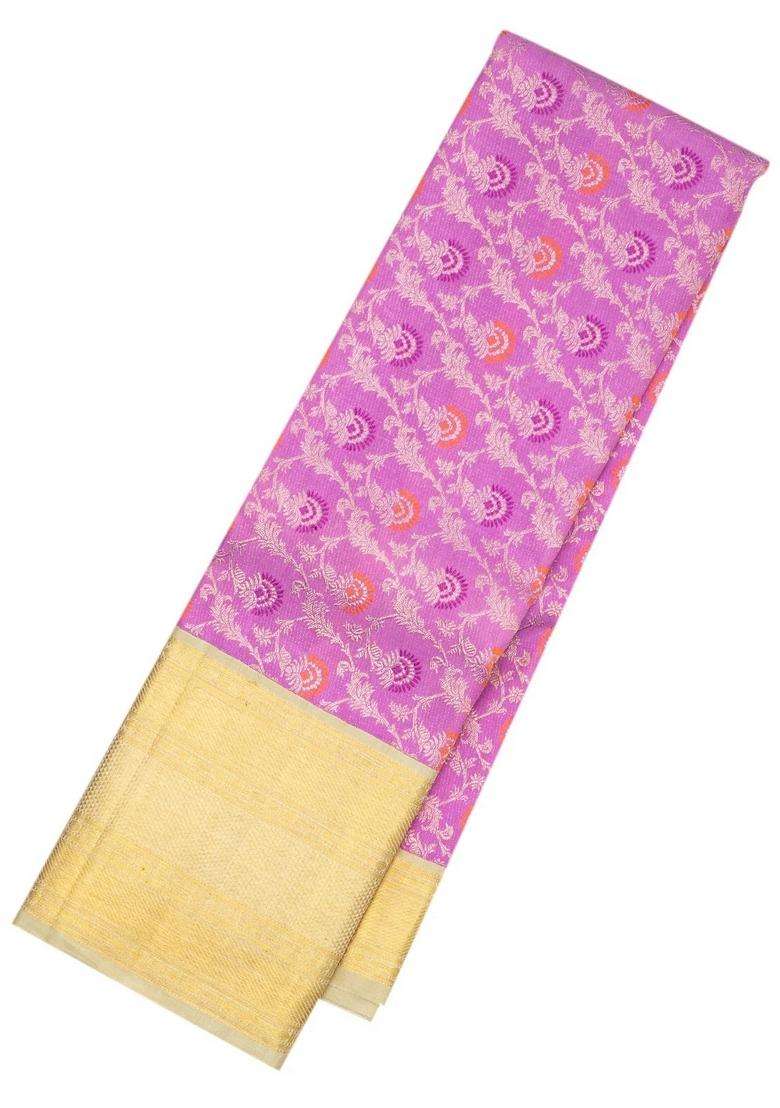 Lavander Lavender Handloom Korvai Kanchipuram Silk Saree With Meena Floral Motifs With Korvai And Temple Border Design For Women - Indya