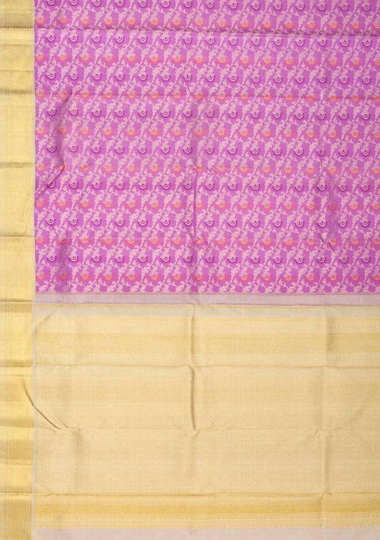 Lavander Lavender Handloom Korvai Kanchipuram Silk Saree With Meena Floral Motifs With Korvai And Temple Border Design For Women - Indya
