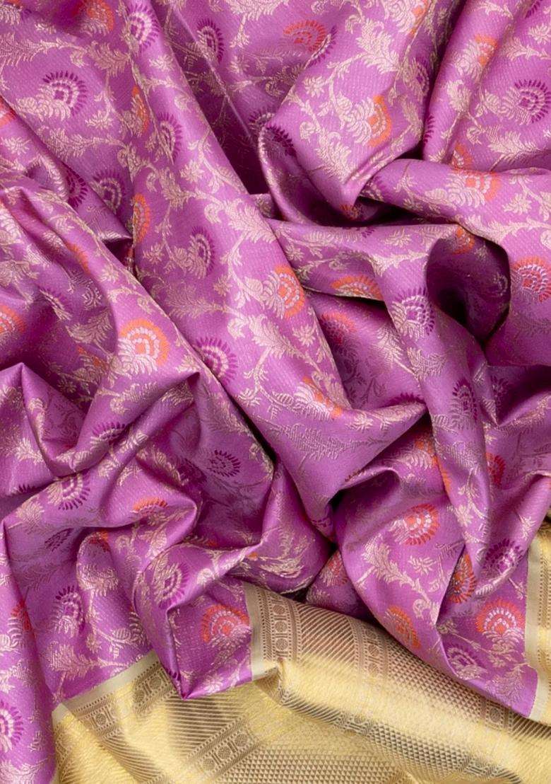 Lavander Lavender Handloom Korvai Kanchipuram Silk Saree With Meena Floral Motifs With Korvai And Temple Border Design For Women - Indya