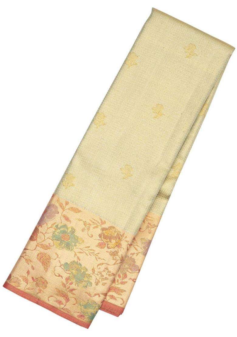 Cardamom Green Handloom Tissue Kanchipuram Silk Saree With Dotted Floral Motifs With Buttas And Brocade Design For Women - Indya