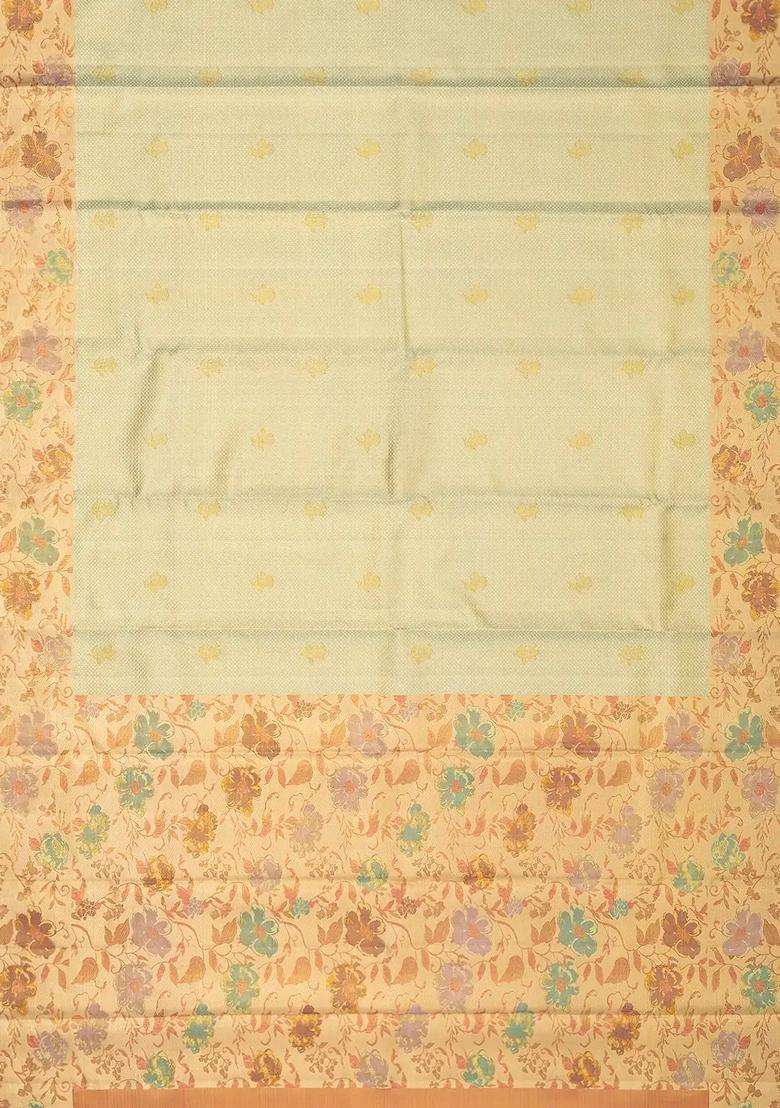 Cardamom Green Handloom Tissue Kanchipuram Silk Saree With Dotted Floral Motifs With Buttas And Brocade Design For Women - Indya