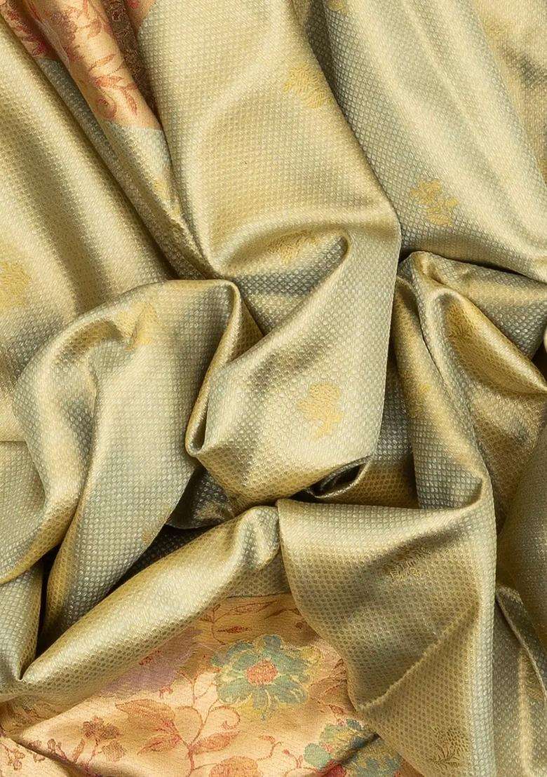 Cardamom Green Handloom Tissue Kanchipuram Silk Saree With Dotted Floral Motifs With Buttas And Brocade Design For Women - Indya