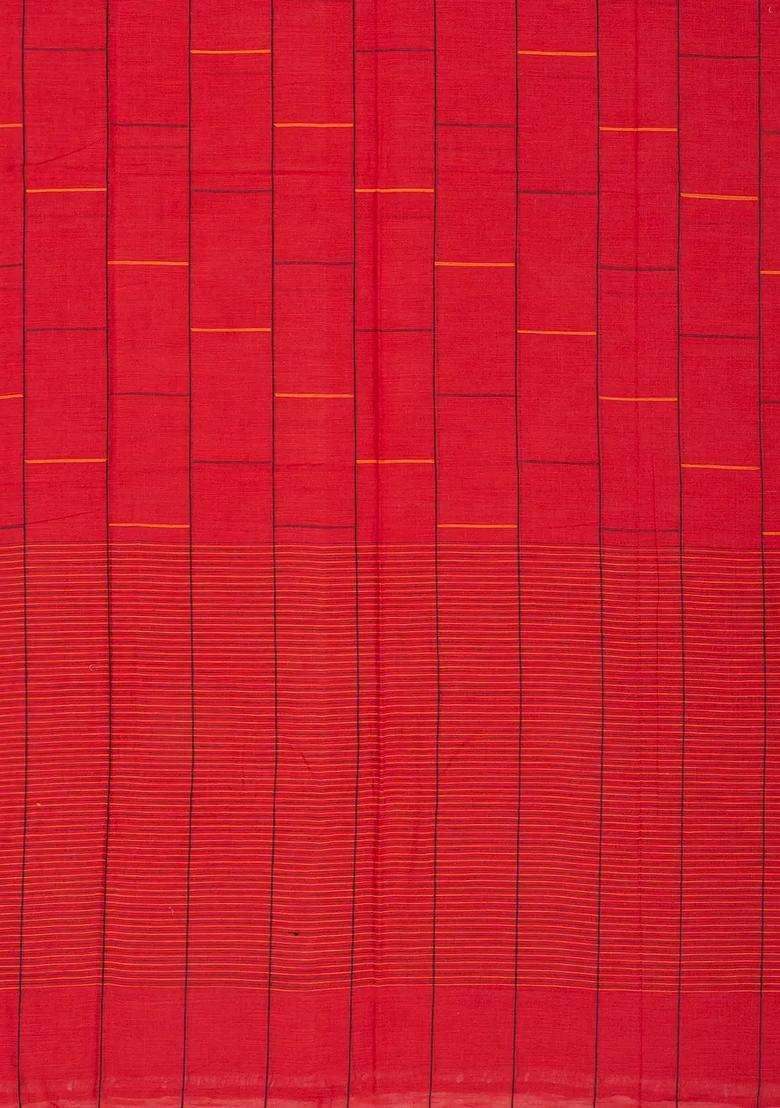 Red Woven Bengal Cotton Saree With Checks With Checks And Stripes Design For Women - Indya