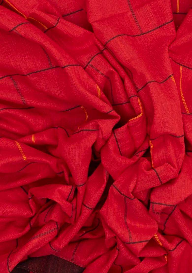 Red Woven Bengal Cotton Saree With Checks With Checks And Stripes Design For Women - Indya