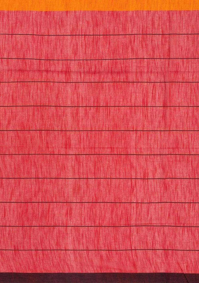 Red Woven Bengal Cotton Saree With Checks With Checks And Stripes Design For Women - Indya