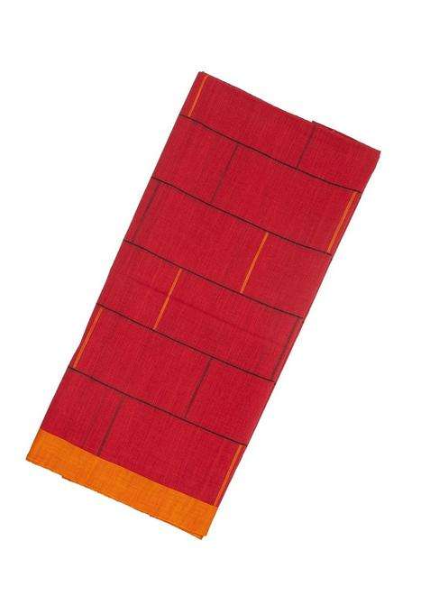 Red Woven Bengal Cotton Saree With Checks With Checks And Stripes Design For Women