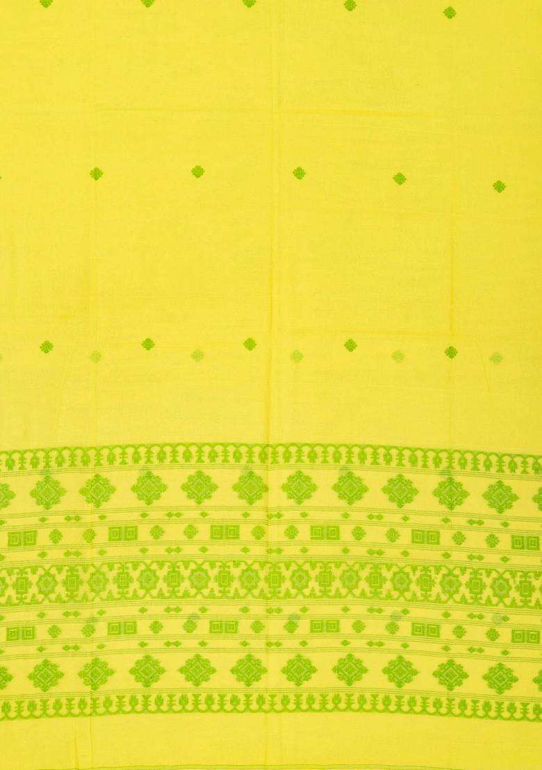 Lime Yellow Lemon Yellow Woven Bengal Cotton Saree With Floral Buttas With Buttas And Brocade Design For Women - Indya
