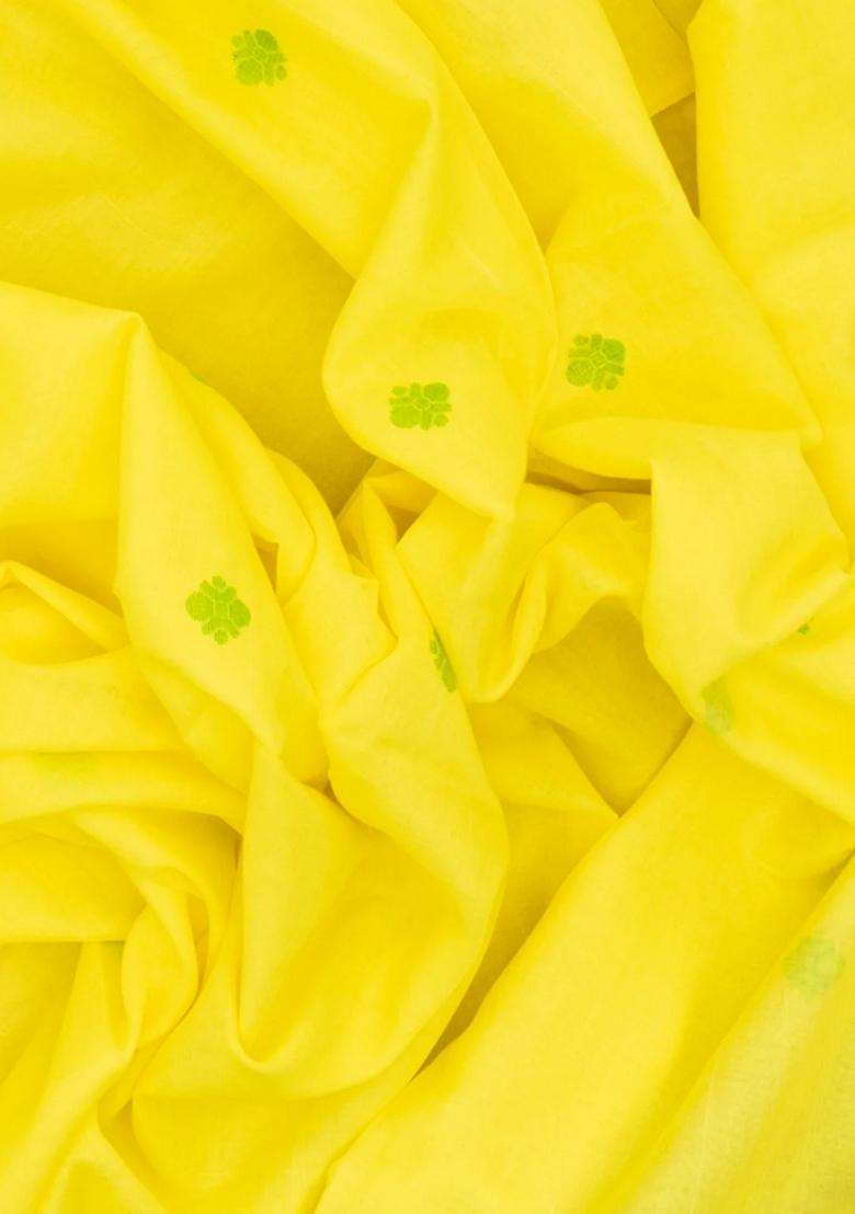Lime Yellow Lemon Yellow Woven Bengal Cotton Saree With Floral Buttas With Buttas And Brocade Design For Women - Indya