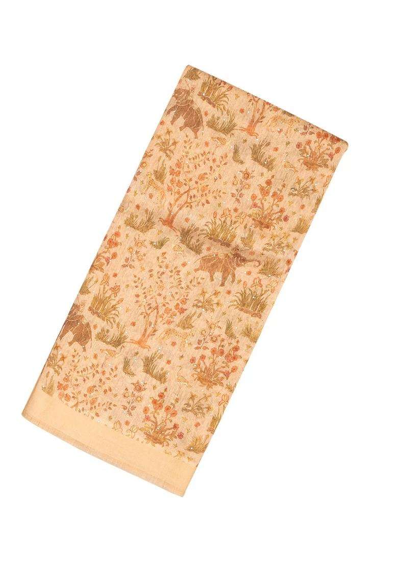 Sandal Handloom Linen Saree With Printed Elephant Motifs For Women - Indya